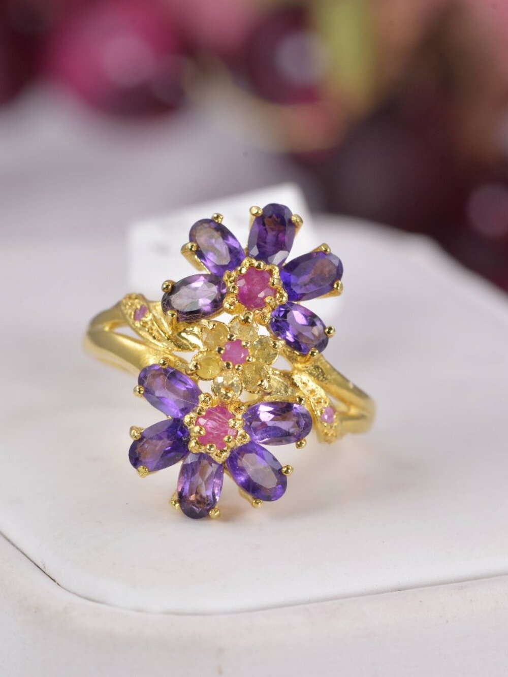Natural Amethyst, Yellow Sapphire and Ruby Ring Real 925 Sterling Silver